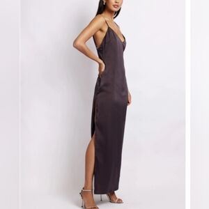 Meshki Karissa Side Split Maxi Charcoal Satin Slip Dress Size M